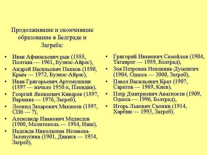Продолжившие и окончившие образование в Белграде и Загребе: • Иван Афанасьевич рык (1888, Полтава