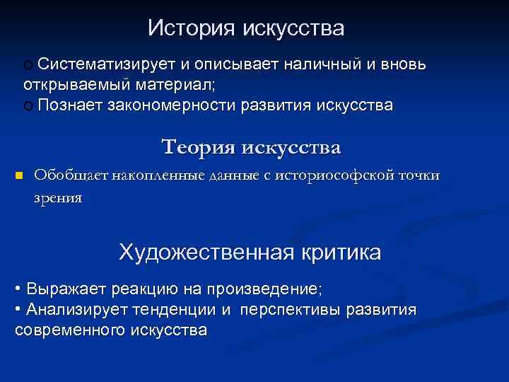 История искусства o Систематизирует и описывает наличный и вновь открываемый материал; o Познает закономерности