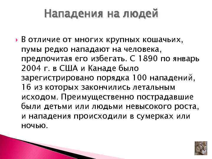 Нападения на людей В отличие от многих крупных кошачьих, пумы редко нападают на человека,