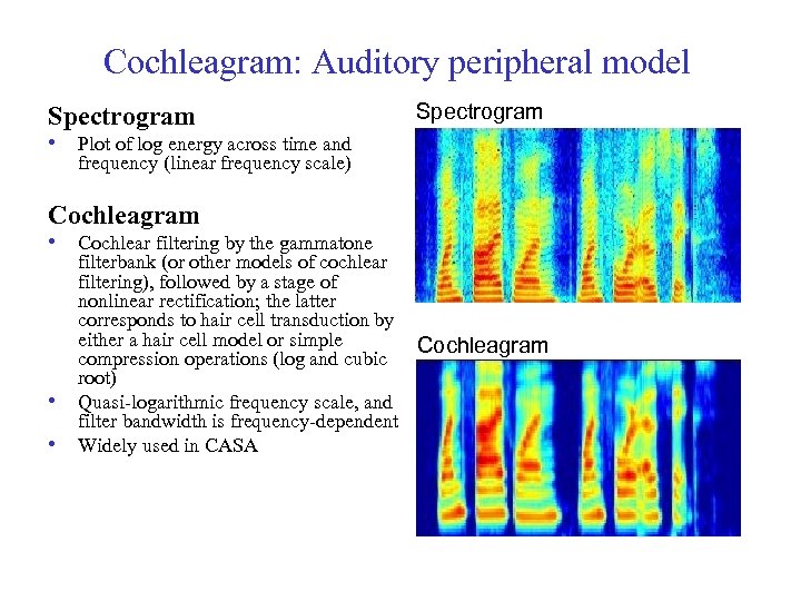 Cochleagram: Auditory peripheral model Spectrogram • Plot of log energy across time and frequency