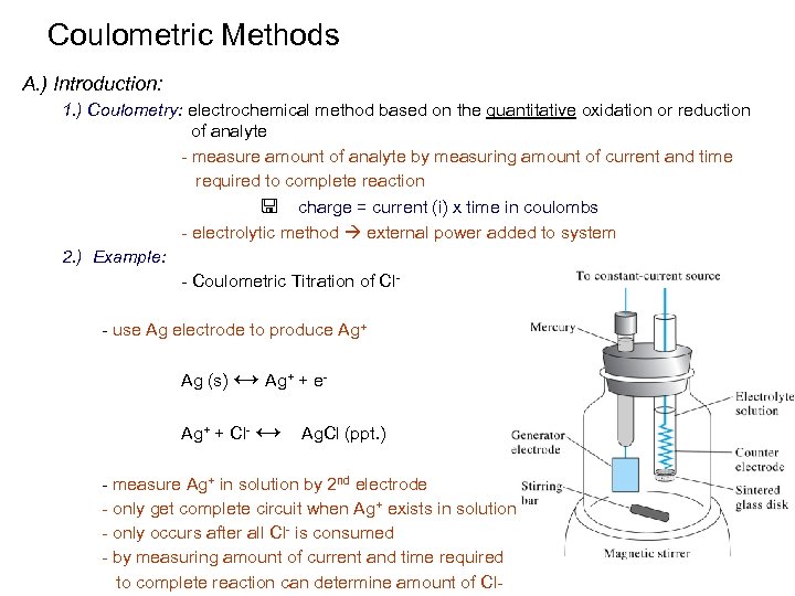 Coulometric Methods A. ) Introduction: 1. ) Coulometry: electrochemical method based on the quantitative