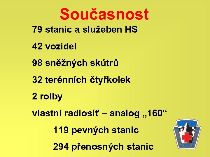 Současnost 79 stanic a služeben HS 42 vozidel 98 sněžných skútrů 32 terénních čtyřkolek