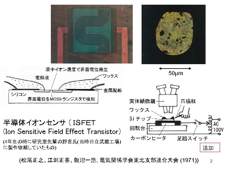50μm 半導体イオンセンサ ( ＩＳＦＥＴ (Ion Sensitive Field Effect Transistor) (4年生の時に研究室先輩の野宮氏(当時日立武蔵 場) に製作依頼していたもの) 追加 (松尾正之、江刺正喜、飯沼一浩,