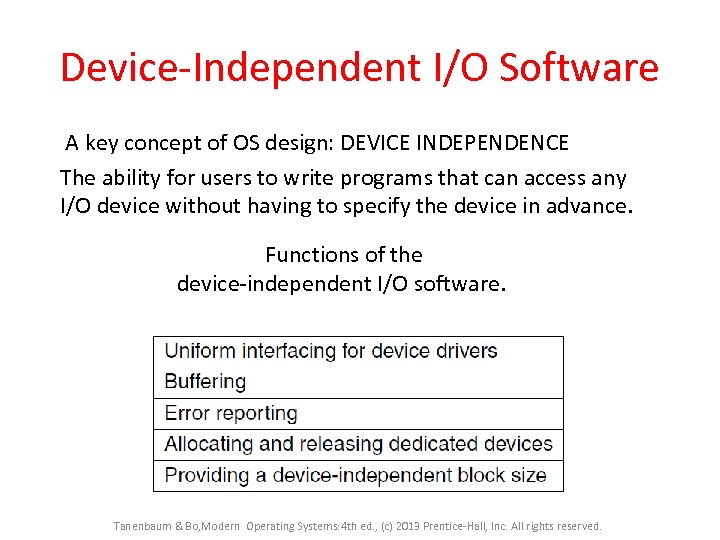 Device-Independent I/O Software A key concept of OS design: DEVICE INDEPENDENCE The ability for