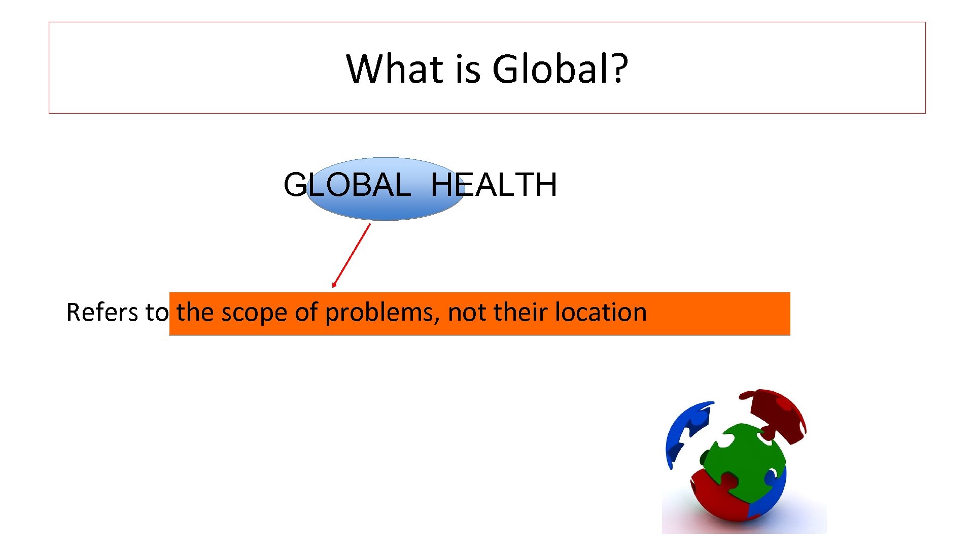 What is Global? GLOBAL HEALTH Refers to the scope of problems, not their location