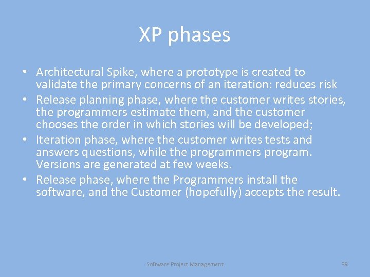 XP phases • Architectural Spike, where a prototype is created to validate the primary