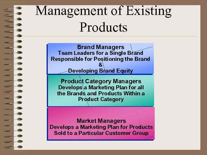 Management of Existing Products Brand Managers Team Leaders for a Single Brand Responsible for