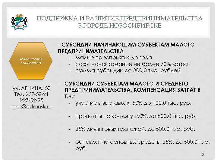 ПОДДЕРЖКА И РАЗВИТИЕ ПРЕДПРИНИМАТЕЛЬСТВА В ГОРОДЕ НОВОСИБИРСКЕ Финансовая поддержка ул. ЛЕНИНА, 50 Тел. 227