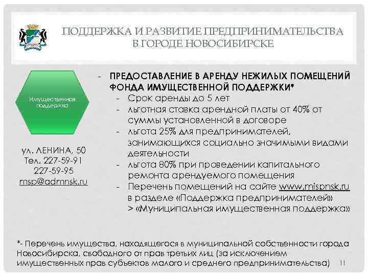 ПОДДЕРЖКА И РАЗВИТИЕ ПРЕДПРИНИМАТЕЛЬСТВА В ГОРОДЕ НОВОСИБИРСКЕ Имущественная поддержка ул. ЛЕНИНА, 50 Тел. 227