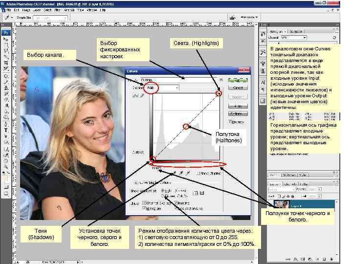 Выбор канала. Выбор фиксированных настроек Света. (Highlights) Полутона (Halftones) В диалоговом окне Curves тональный