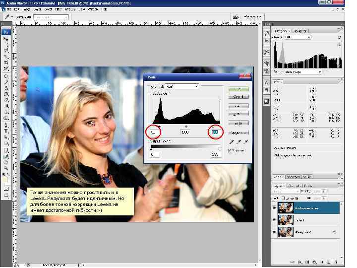 Те же значения можно проставить и в Levels. Результат будет идентичным. Но для более