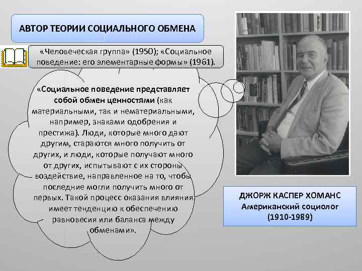 Джордж хоманс. Авторы теории социального обмена. Структурный функционализм (т. Парсонс, р. Мертон). Джордж Хоманс теория социального обмена.