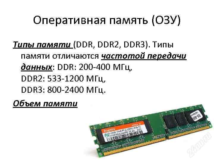 Оперативная память (ОЗУ) Типы памяти (DDR, DDR 2, DDR 3). Типы памяти отличаются частотой