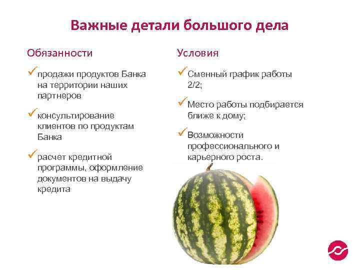 Важные детали большого дела Обязанности Условия üпродажи продуктов Банка üСменный график работы на территории