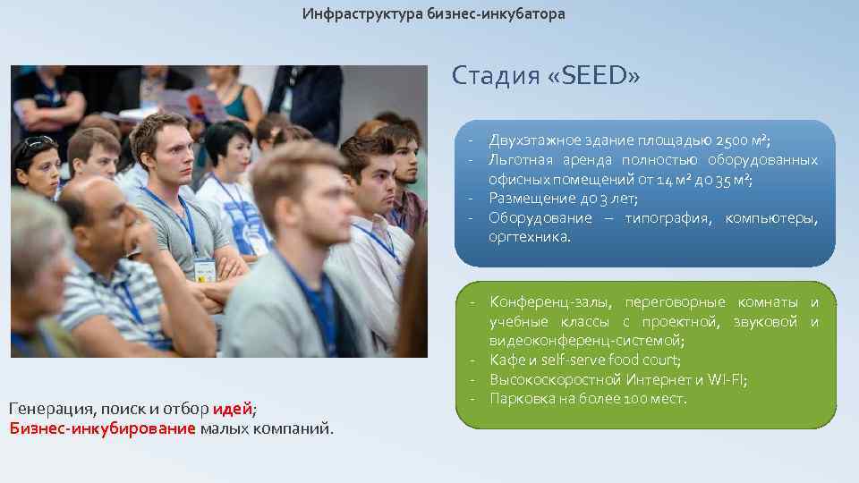 Инфраструктура бизнес-инкубатора Стадия «SEED» - Двухэтажное здание площадью 2500 м²; - Льготная аренда полностью