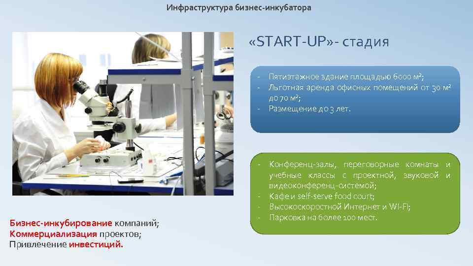 Инфраструктура бизнес-инкубатора «START-UP» - стадия - Пятиэтажное здание площадью 6000 м²; - Льготная аренда