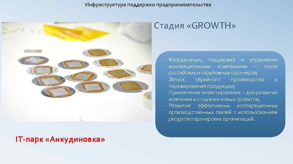 Инфраструктура поддержки предпринимательства Стадия «GROWTH» - Координация, поддержка и управление инновационными компаниями – поиск