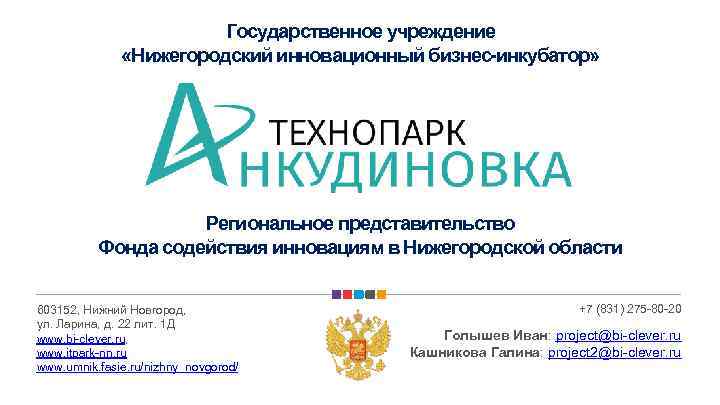 Государственное учреждение «Нижегородский инновационный бизнес-инкубатор» Региональное представительство Фонда содействия инновациям в Нижегородской области 603152,