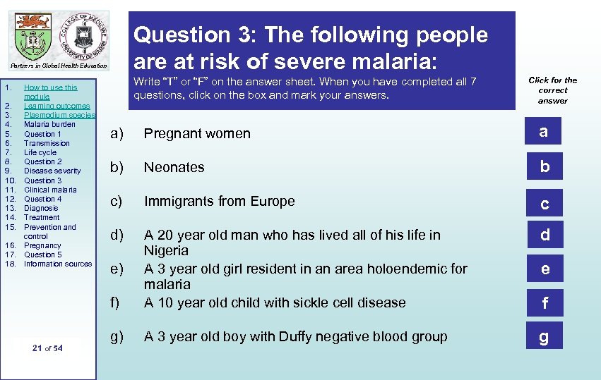 Question 3: The following people are at risk of severe malaria: Partners in Global