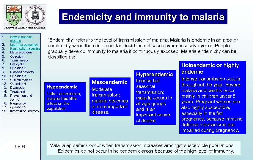 Endemicity and immunity to malaria Partners in Global Health Education 1. 2. 3. 4.