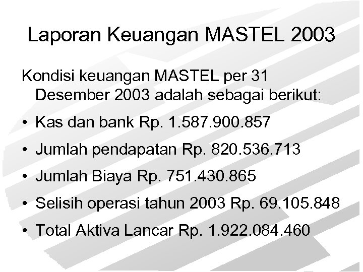 Laporan Keuangan MASTEL 2003 Kondisi keuangan MASTEL per 31 Desember 2003 adalah sebagai berikut: