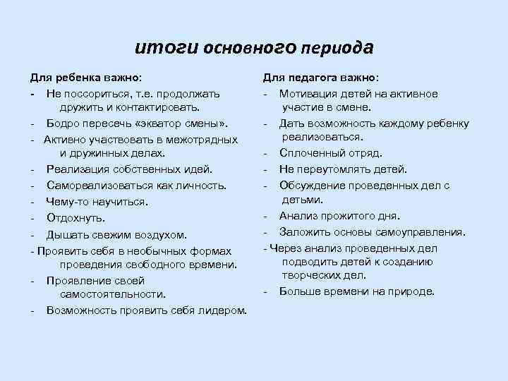 итоги основного периода Для ребенка важно: - Не поссориться, т. е. продолжать дружить и