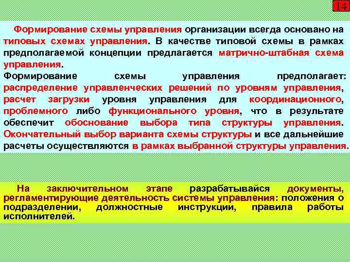 14 Формирование схемы управления организации всегда основано на типовых схемах управления. В качестве типовой