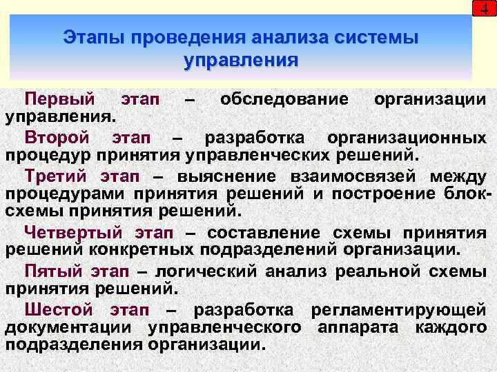 4 Этапы проведения анализа системы управления Первый этап – обследование организации управления. Второй этап