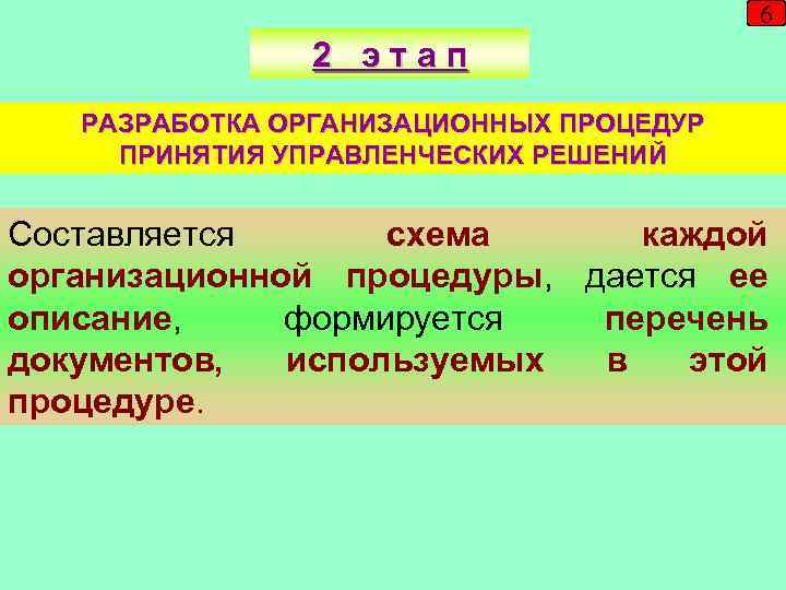 6 2 этап РАЗРАБОТКА ОРГАНИЗАЦИОННЫХ ПРОЦЕДУР ПРИНЯТИЯ УПРАВЛЕНЧЕСКИХ РЕШЕНИЙ Составляется схема каждой организационной процедуры,