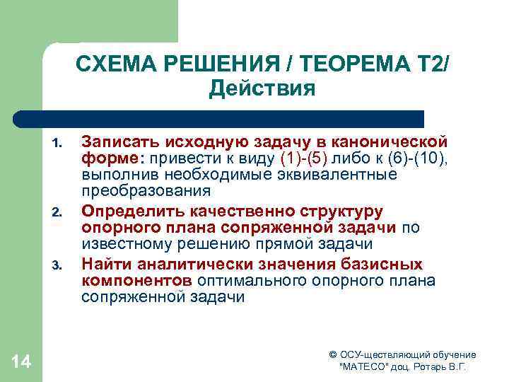 СХЕМА РЕШЕНИЯ / ТЕОРЕМА Т 2/ Действия 1. 2. 3. 14 Записать исходную задачу