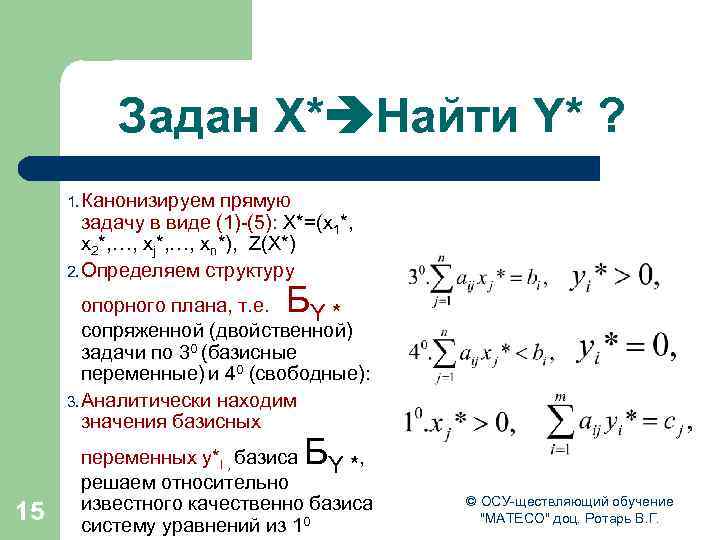 Задан Х* Найти Y* ? 1. Канонизируем прямую задачу в виде (1)-(5): Х*=(x 1*,