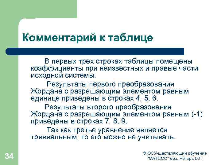 Комментарий к таблице В первых трех строках таблицы помещены коэффициенты при неизвестных и правые