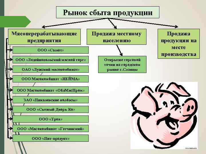 Рынок сбыта продукции Мясоперерабатывающие предприятия Продажа местному населению ООО «Салют» ООО «Лодейнопольский мясной торг»