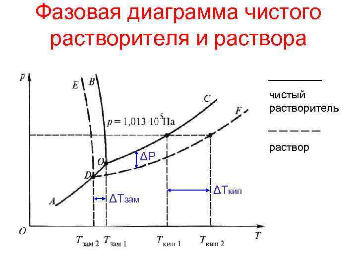 Фазовая диаграмма чистого растворителя и раствора чистый растворитель раствор ΔР ΔТзам ΔТкип 