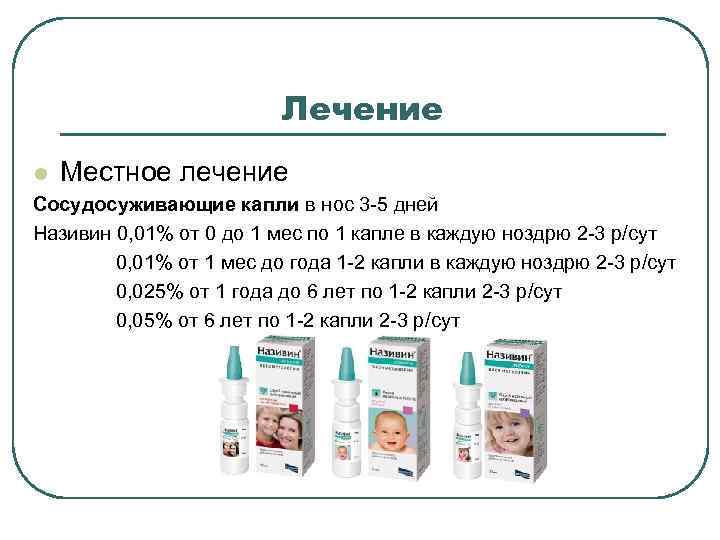 Лечение l Местное лечение Сосудосуживающие капли в нос 3 -5 дней Називин 0, 01%