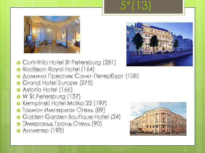 5*(13) Corinthia Hotel St Petersburg (281) Radisson Royal Hotel (164) Домина Престиж Санкт-Петербург (108)