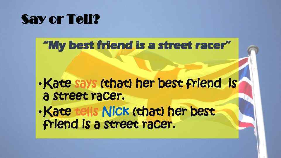 Say or Tell? “My best friend is a street racer” • Kate says (that)