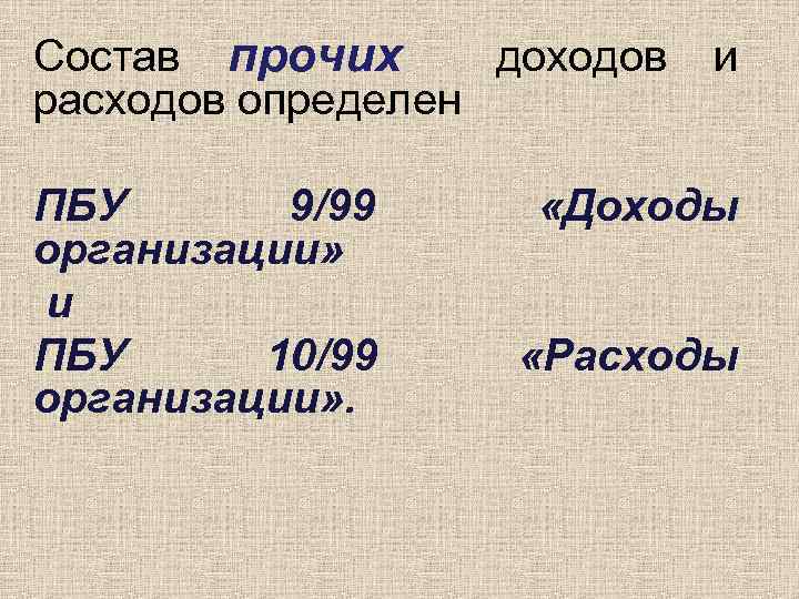 Состав прочих доходов расходов определен ПБУ 9/99 организации» и ПБУ 10/99 организации» . и