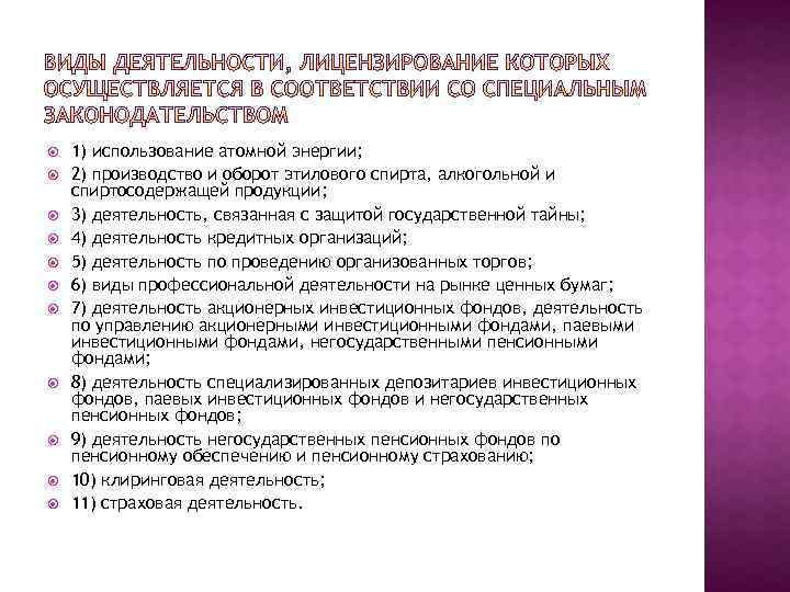  1) использование атомной энергии; 2) производство и оборот этилового спирта, алкогольной и спиртосодержащей