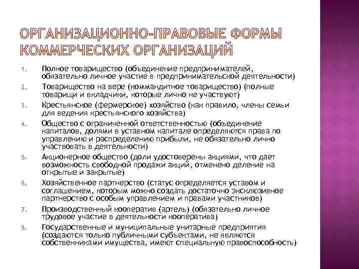 1. 2. 3. 4. 5. 6. 7. 8. Полное товарищество (объединение предпринимателей, обязательно личное