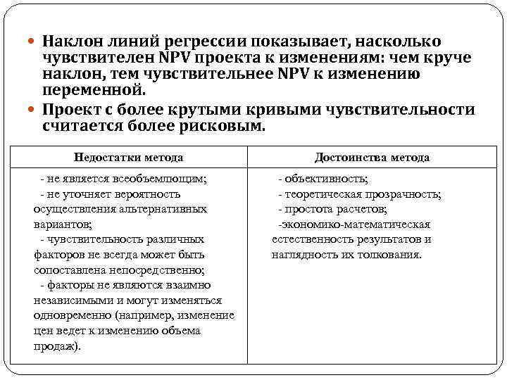  Наклон линий регрессии показывает, насколько чувствителен NРV проекта к изменениям: чем круче наклон,