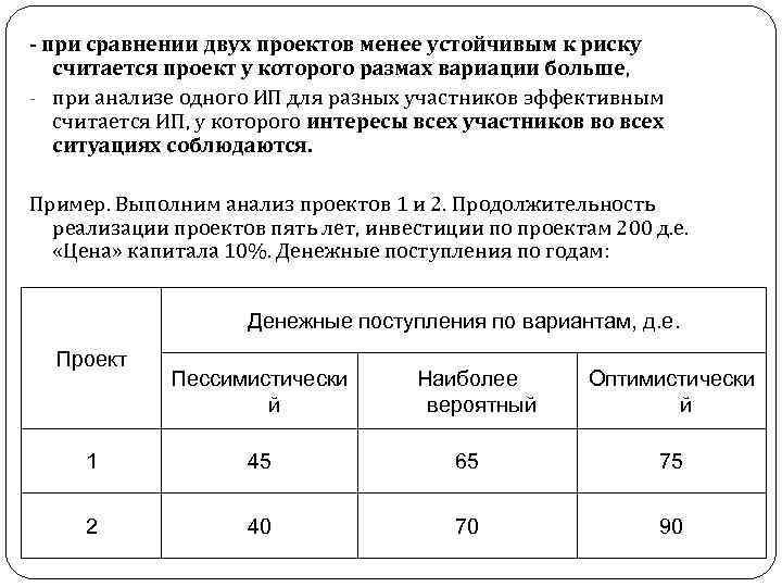  при сравнении двух проектов менее устойчивым к риску считается проект у которого размах