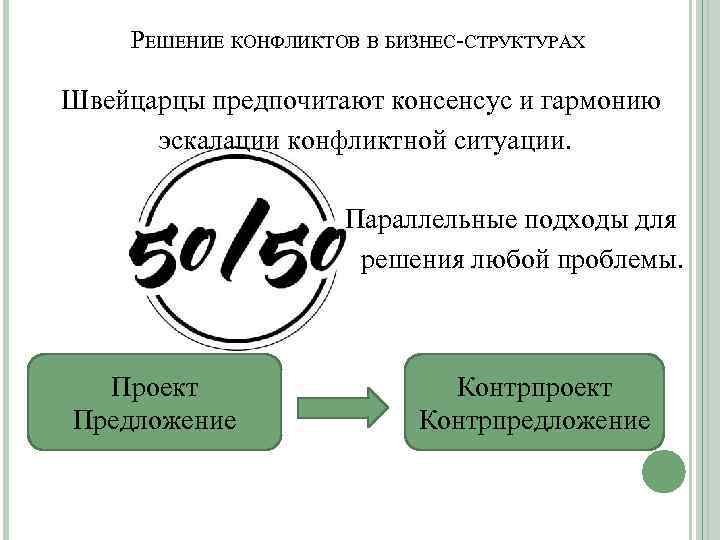 РЕШЕНИЕ КОНФЛИКТОВ В БИЗНЕС-СТРУКТУРАХ Швейцарцы предпочитают консенсус и гармонию эскалации конфликтной ситуации. Параллельные подходы