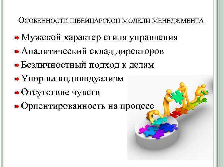 ОСОБЕННОСТИ ШВЕЙЦАРСКОЙ МОДЕЛИ МЕНЕДЖМЕНТА Мужской характер стиля управления Аналитический склад директоров Безличностный подход к