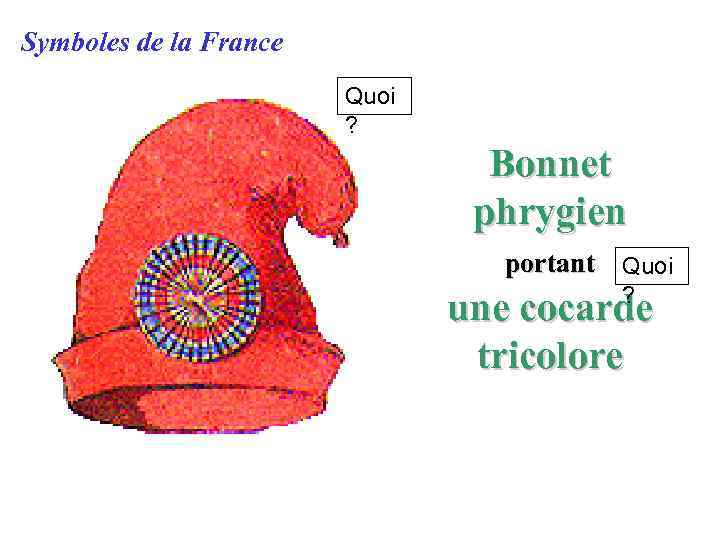 Symboles de la France Quoi ? Bonnet phrygien portant Quoi ? une cocarde tricolore