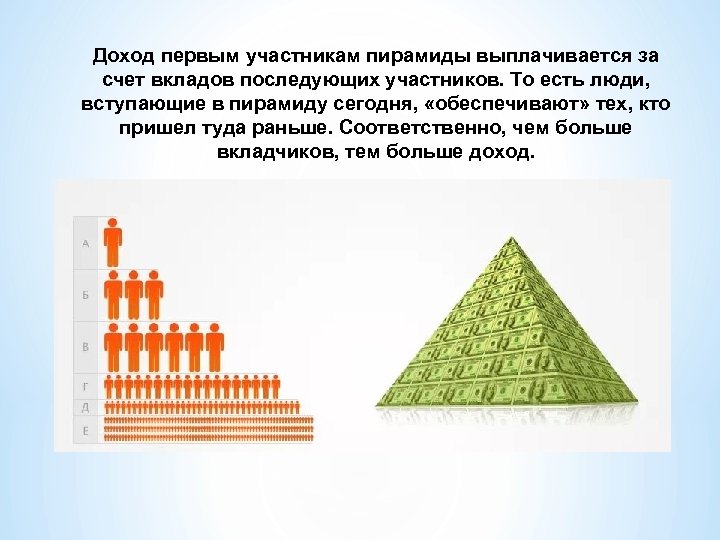Доход первым участникам пирамиды выплачивается за счет вкладов последующих участников. То есть люди, вступающие