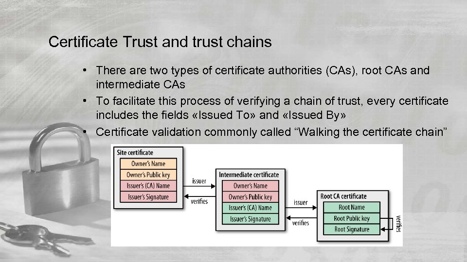 Certificate Trust and trust chains • There are two types of certificate authorities (CAs),