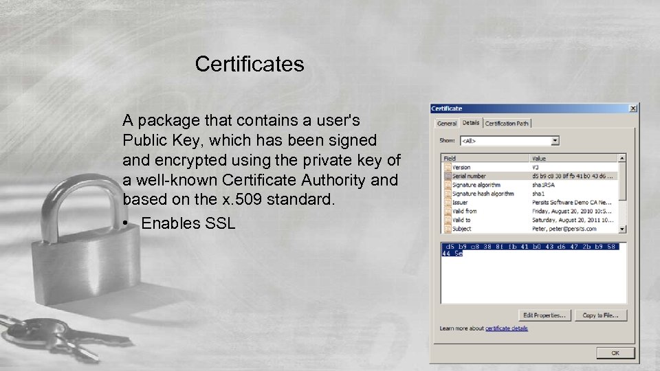 Certificates A package that contains a user's Public Key, which has been signed and