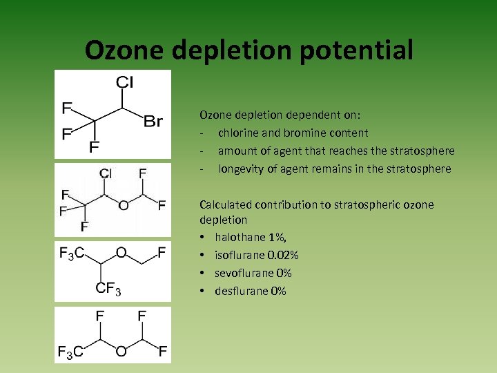 Ozone depletion potential Ozone depletion dependent on: - chlorine and bromine content - amount