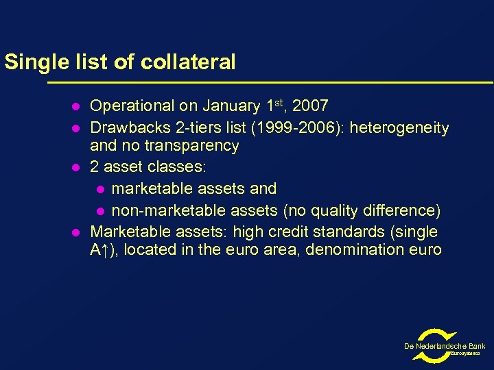 Single list of collateral l l Operational on January 1 st, 2007 Drawbacks 2